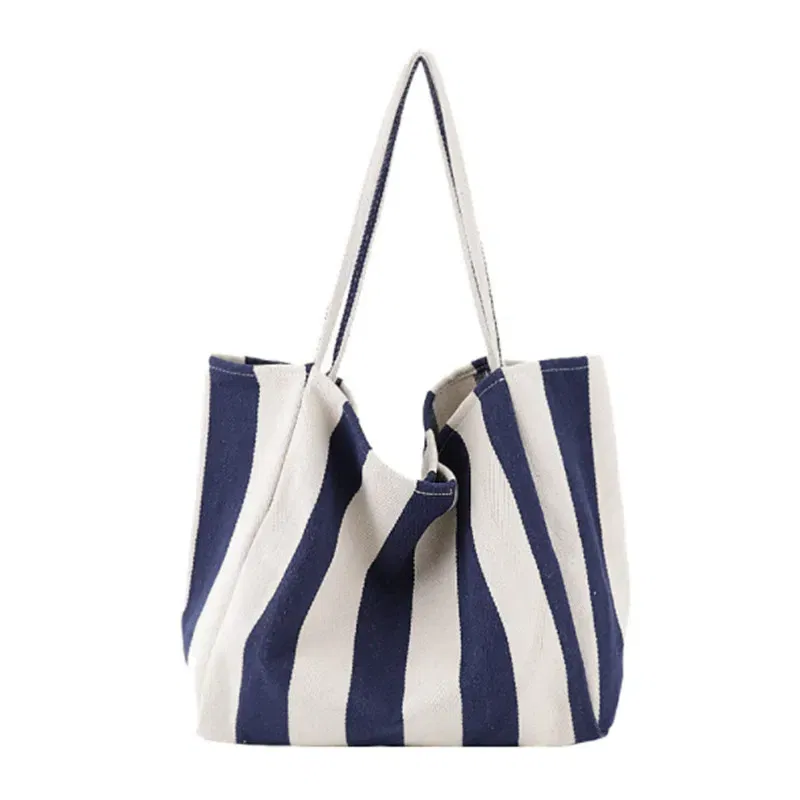 2023 Fashion Ladies Classic Striped Canvas Handbag Large Capacity Shoulder Bag For Female Simple Beach Casual Totes Shopping Bag