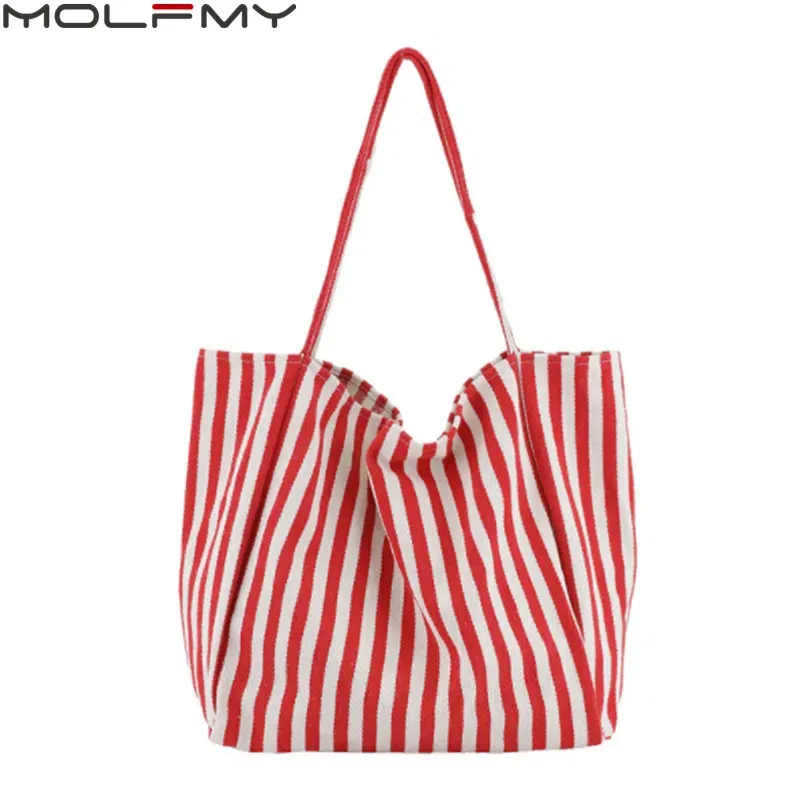 2023 Fashion Ladies Classic Striped Canvas Handbag Large Capacity Shoulder Bag For Female Simple Beach Casual Totes Shopping Bag