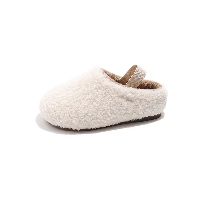 Color: WHITE, Shoe Size: 37.5 - Teddy Fur Mule For Baby Kids Winter Warm Plush Slipper Toddler Child Casual Pull-on Fluffy Cotton Shoe with Back Elastic Strap