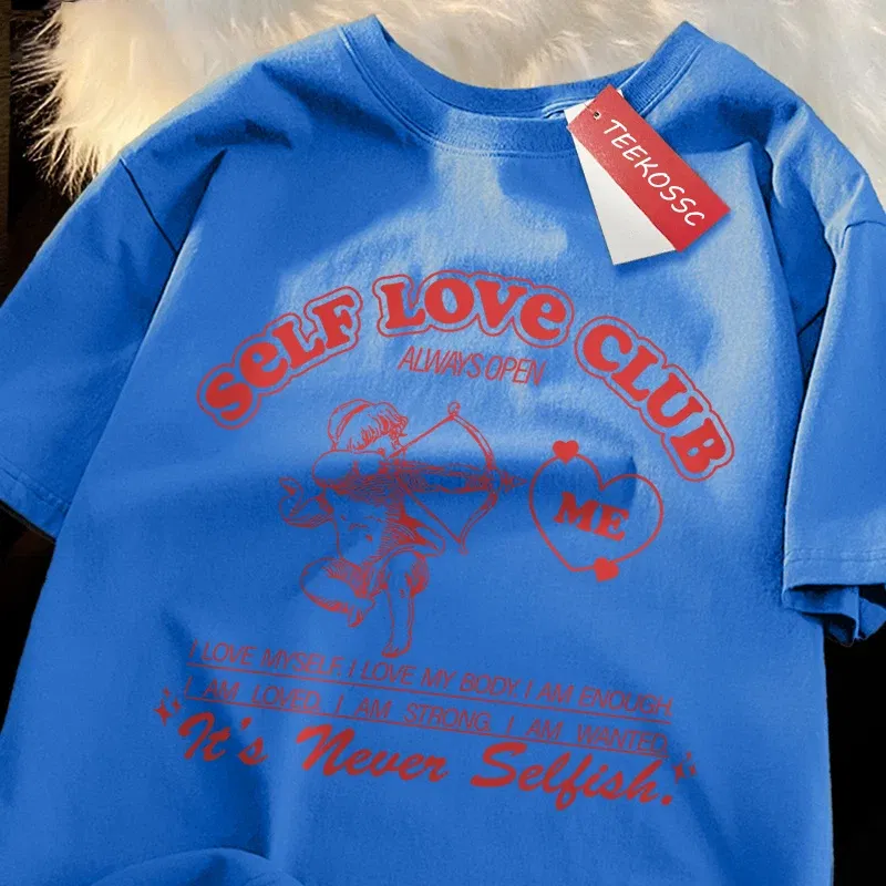 Color: army green, Size: S - Self Love Club Fun Cupid Men Women T Shirts Breathable Street Tee Clothes Cotton Summer Fashion Loose Casual Oversized T Shirt