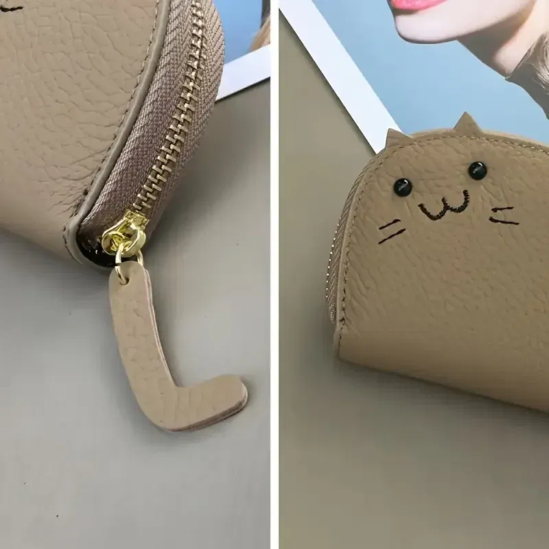 Color: wine red - Cartoon Cat shaped design Wallet Women's Multi-card slots Holder Cute Fashion Faux Leather Coin Purse Creative ID Card Holder