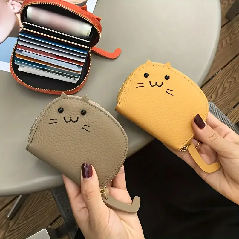 Color: wine red - Cartoon Cat shaped design Wallet Women's Multi-card slots Holder Cute Fashion Faux Leather Coin Purse Creative ID Card Holder