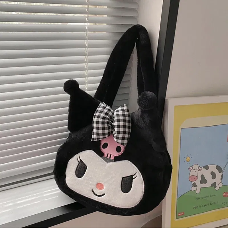 Color: WHITE - Girls Large capacity Cartoon Anime Cozy Fluffy Tote Bag, Kuromi Plush Tote & Shoulder Bag, Cinnamoroll Melody Faux Fur Handbag