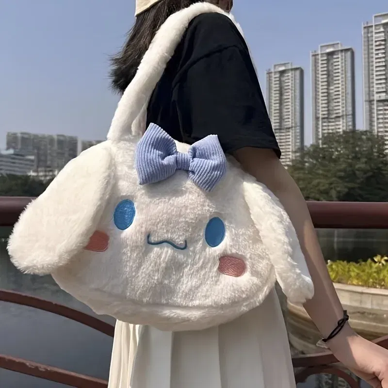 Color: WHITE - Girls Large capacity Cartoon Anime Cozy Fluffy Tote Bag, Kuromi Plush Tote & Shoulder Bag, Cinnamoroll Melody Faux Fur Handbag