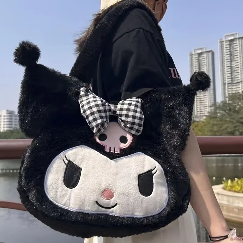 Color: WHITE - Girls Large capacity Cartoon Anime Cozy Fluffy Tote Bag, Kuromi Plush Tote & Shoulder Bag, Cinnamoroll Melody Faux Fur Handbag