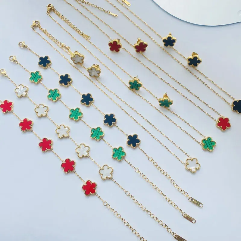 Metal color: Imitation Rhodium Plated - 3pcs/set Stainless Steel Flower Jewelry Set Gifts Luxury Modern Fashion Charm Necklace Earrings Bracelet Set Jewelry for Women