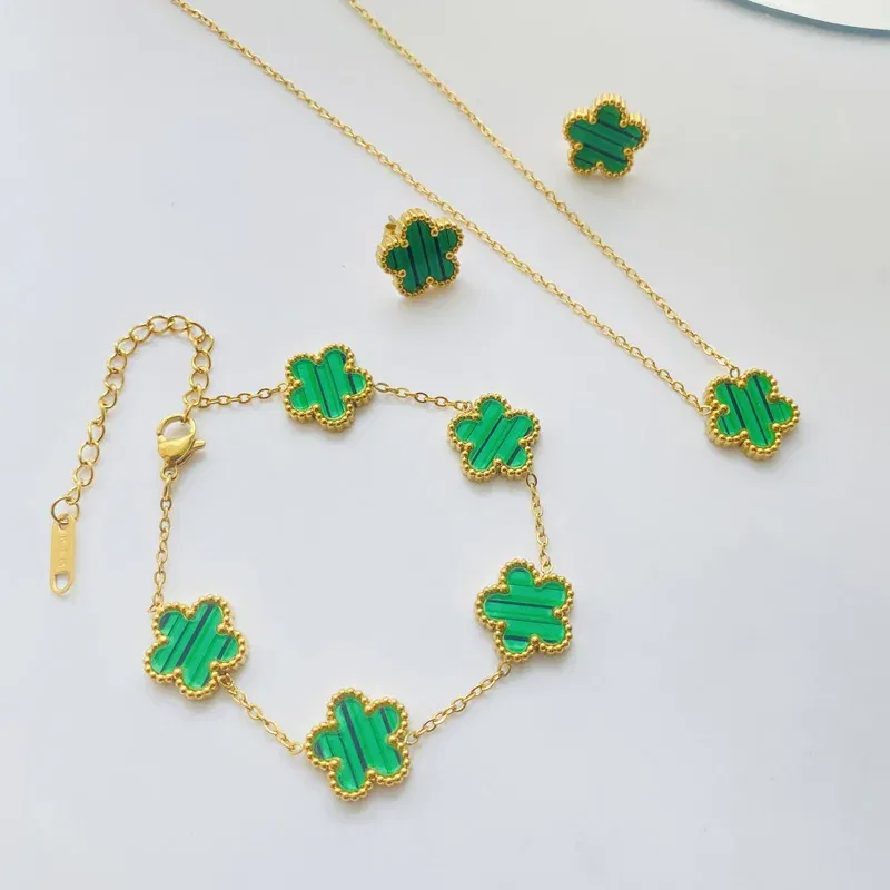 Metal color: Imitation Rhodium Plated - 3pcs/set Stainless Steel Flower Jewelry Set Gifts Luxury Modern Fashion Charm Necklace Earrings Bracelet Set Jewelry for Women