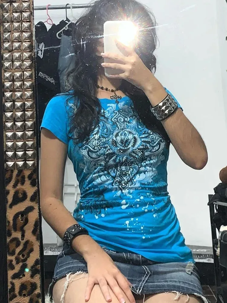 Color: Blue, Size: M - Women's Y2k Grunge T-Shirts 2000s Vinage Rhinestone Print Heart Rose T-Shirt Aesthetics Harajuku Round Neck Tops street fashion