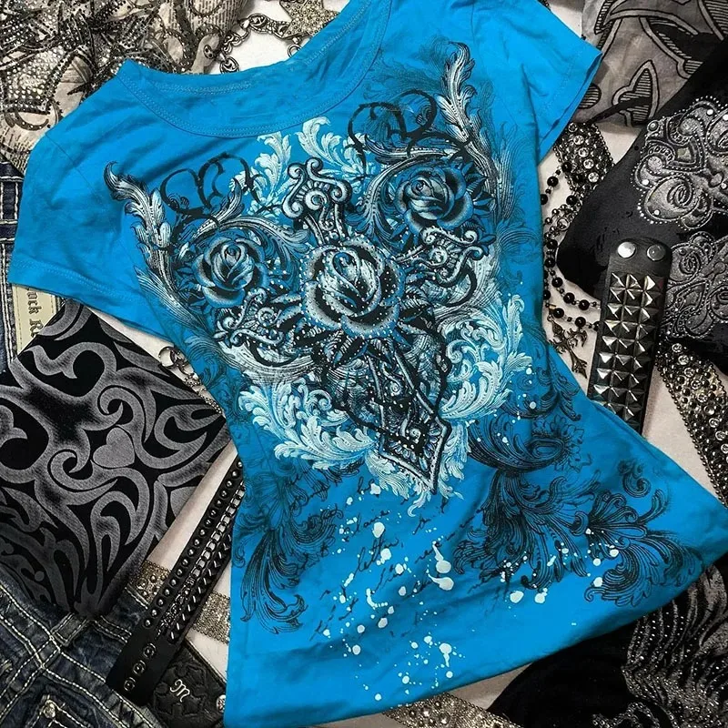 Color: Blue, Size: M - Women's Y2k Grunge T-Shirts 2000s Vinage Rhinestone Print Heart Rose T-Shirt Aesthetics Harajuku Round Neck Tops street fashion