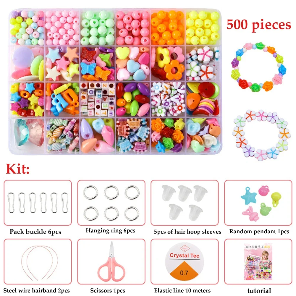 Color: Multicolor - 500pcs DIY Handmade Beaded Children's Toy Creative Loose Spacer Beads Crafts Making Bracelet Necklace Jewelry Kit Girl Toy Gift