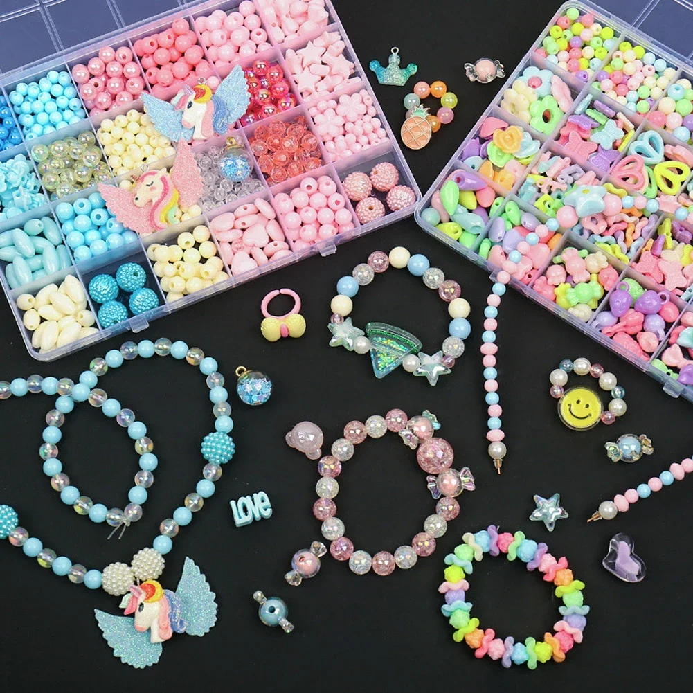 Color: Multicolor - 500pcs DIY Handmade Beaded Children's Toy Creative Loose Spacer Beads Crafts Making Bracelet Necklace Jewelry Kit Girl Toy Gift
