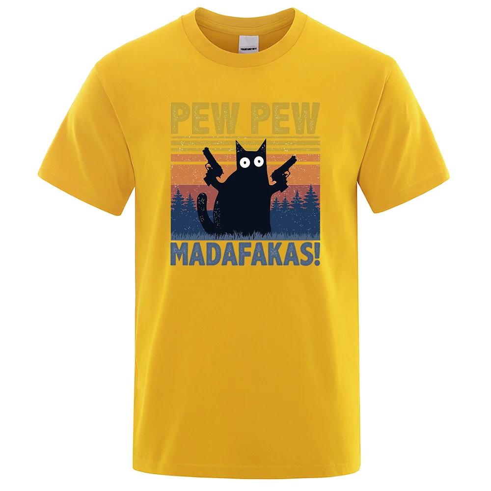 Color: Yellow, Size: S - Pew Pew Madafakas Tshirt Men Short Sleeve Novelty Funny Cat T Shirt Cotton Oversize Tops Shirts Tee T-Shirt Crew Neck Streetwear
