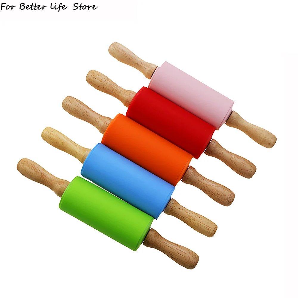 Color: Dark Khaki - 1pcs Non-Stick Wooden Handle Pin Pastry Dough Flour Roller Silicone Rolling Kitchen Baking Cooking Tools Christmas Rolling Pin
