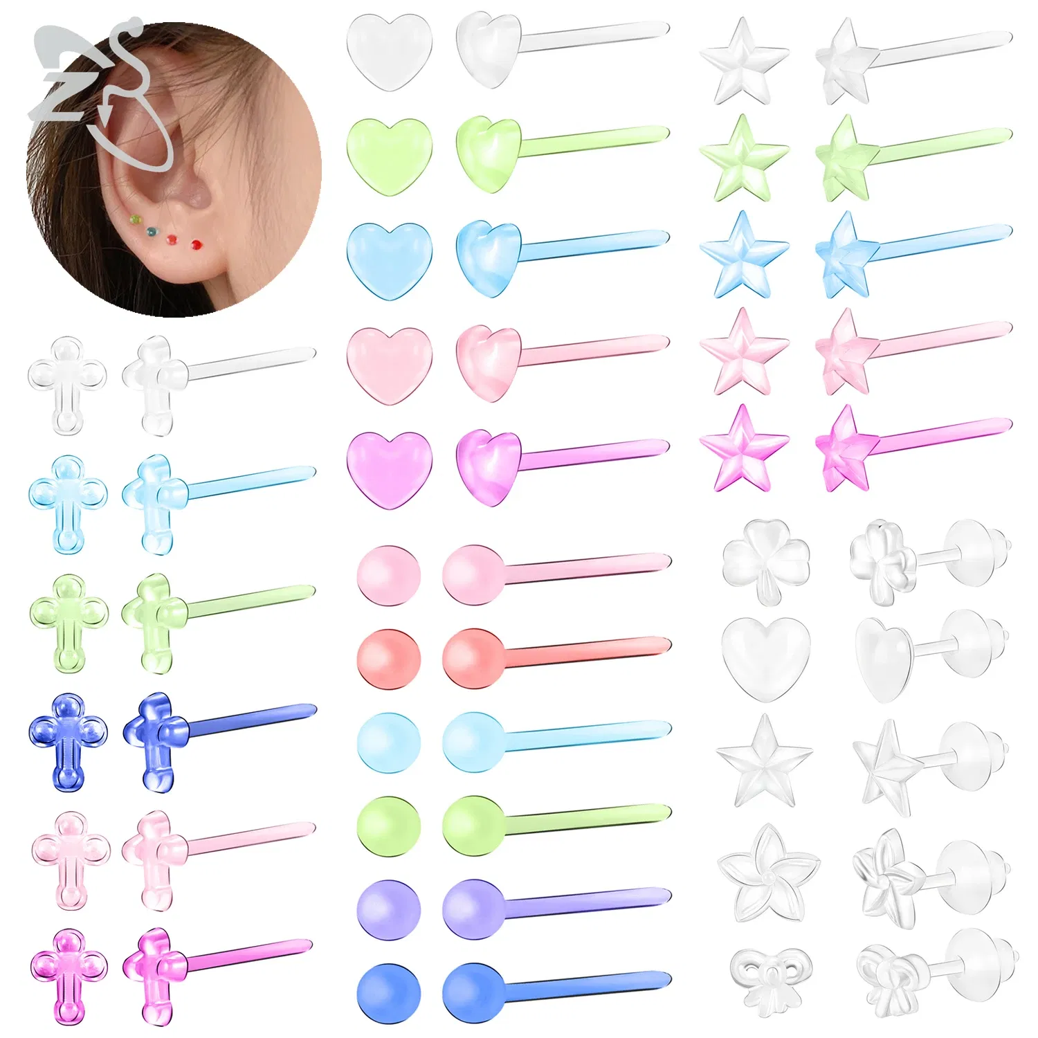 Metal Color: Antique Copper Plated - ZS 10-50pcs/lot Colorful Acrylic Stud Earring Invisible Transparent Anti-allergy Ear Pin 20G Star Ball Curing Ear Hole Retainer