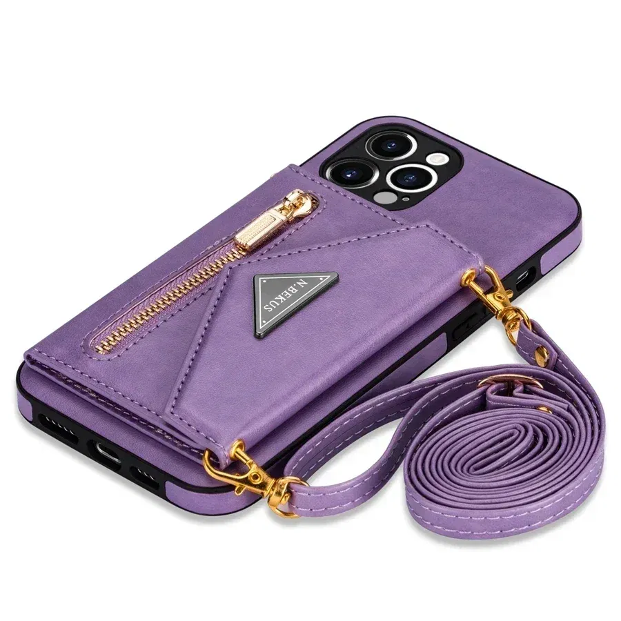Color: black, Material: Acrylic - Wallet Side Card Zipper Flip Crossbody Leather Case For iPhone 15 14 Pro Max 13 Mini 12 11 SE 2022 2020 X XS XR 8 7 6 6s Plus