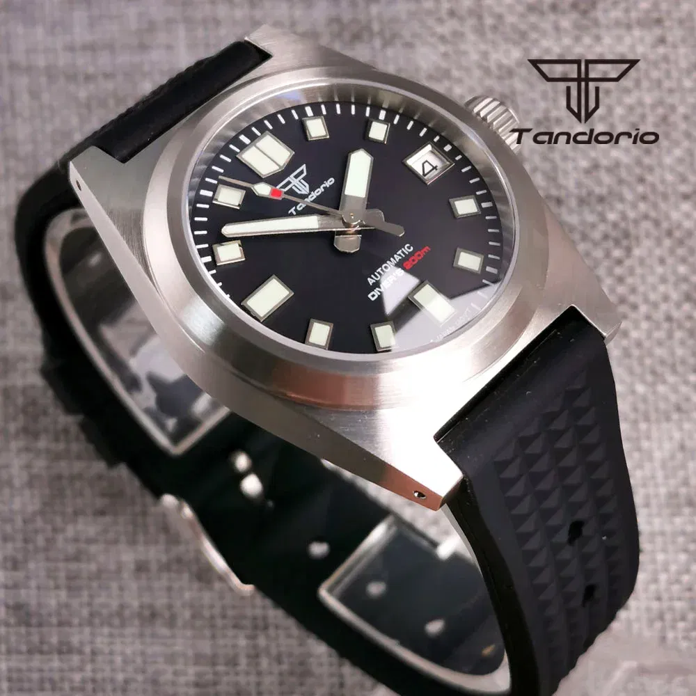 Color: Brown - Tandorio Black/Blue/Green Sunburst Dial NH35A 38mm Automatic Men's Watch 200M Brushed Case AR Sapphire Crystal Rubber Strap