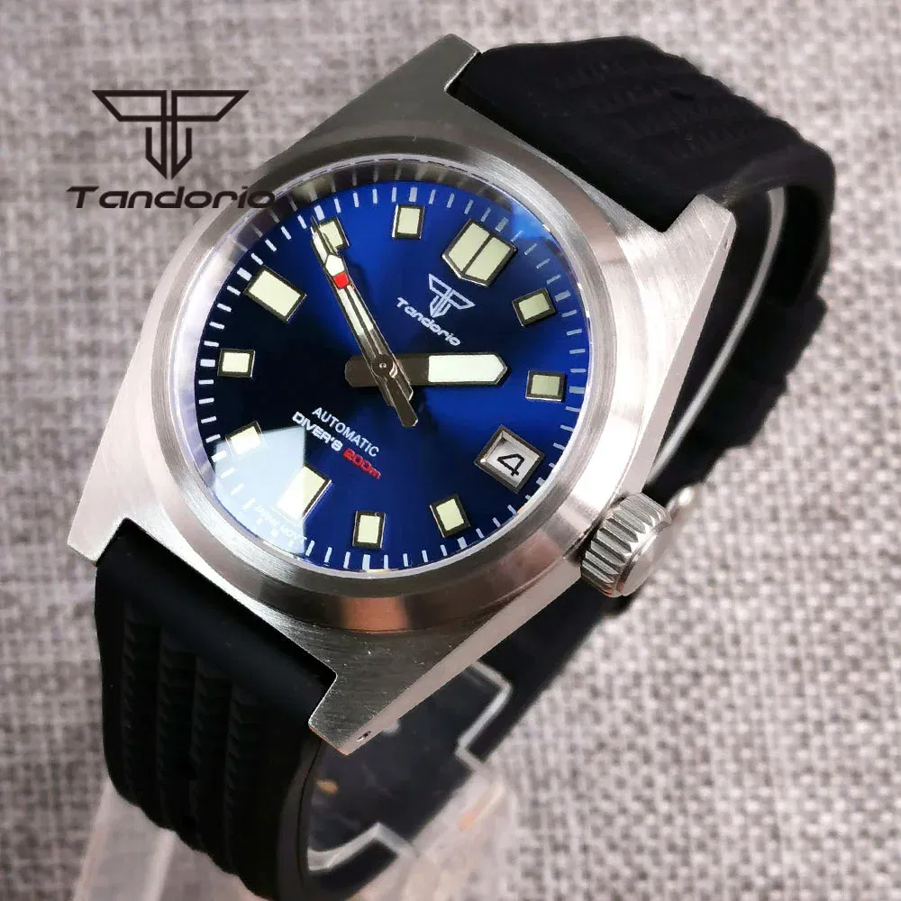 Color: Brown - Tandorio Black/Blue/Green Sunburst Dial NH35A 38mm Automatic Men's Watch 200M Brushed Case AR Sapphire Crystal Rubber Strap