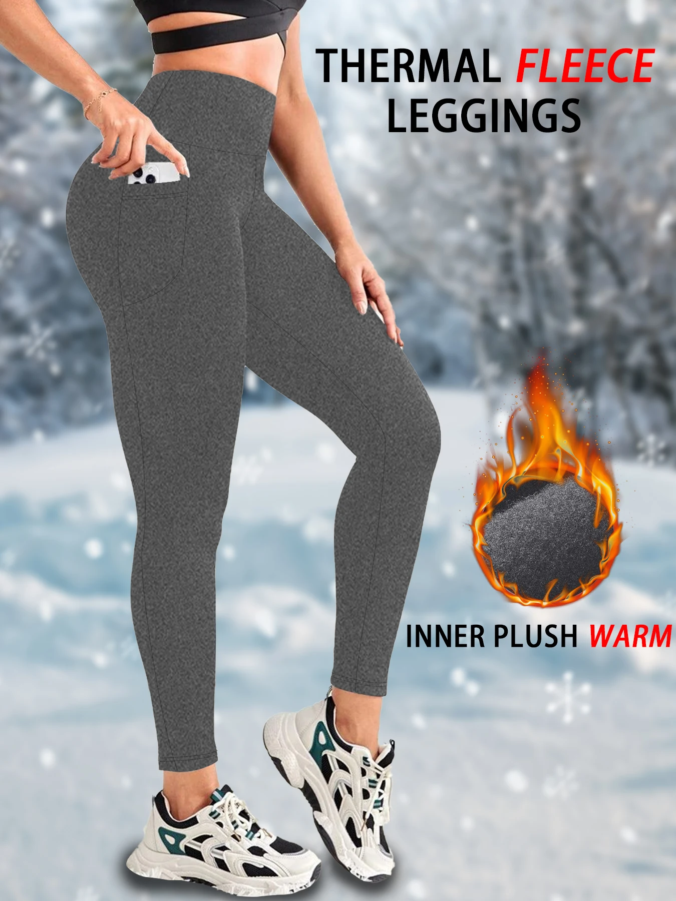 Color: GRAY, Size: XS - Womens Thermal Fleece Lined High Waisted with pockets Leggings, Workout Winter Warm Thick Tights Soft Yoga Running Pants