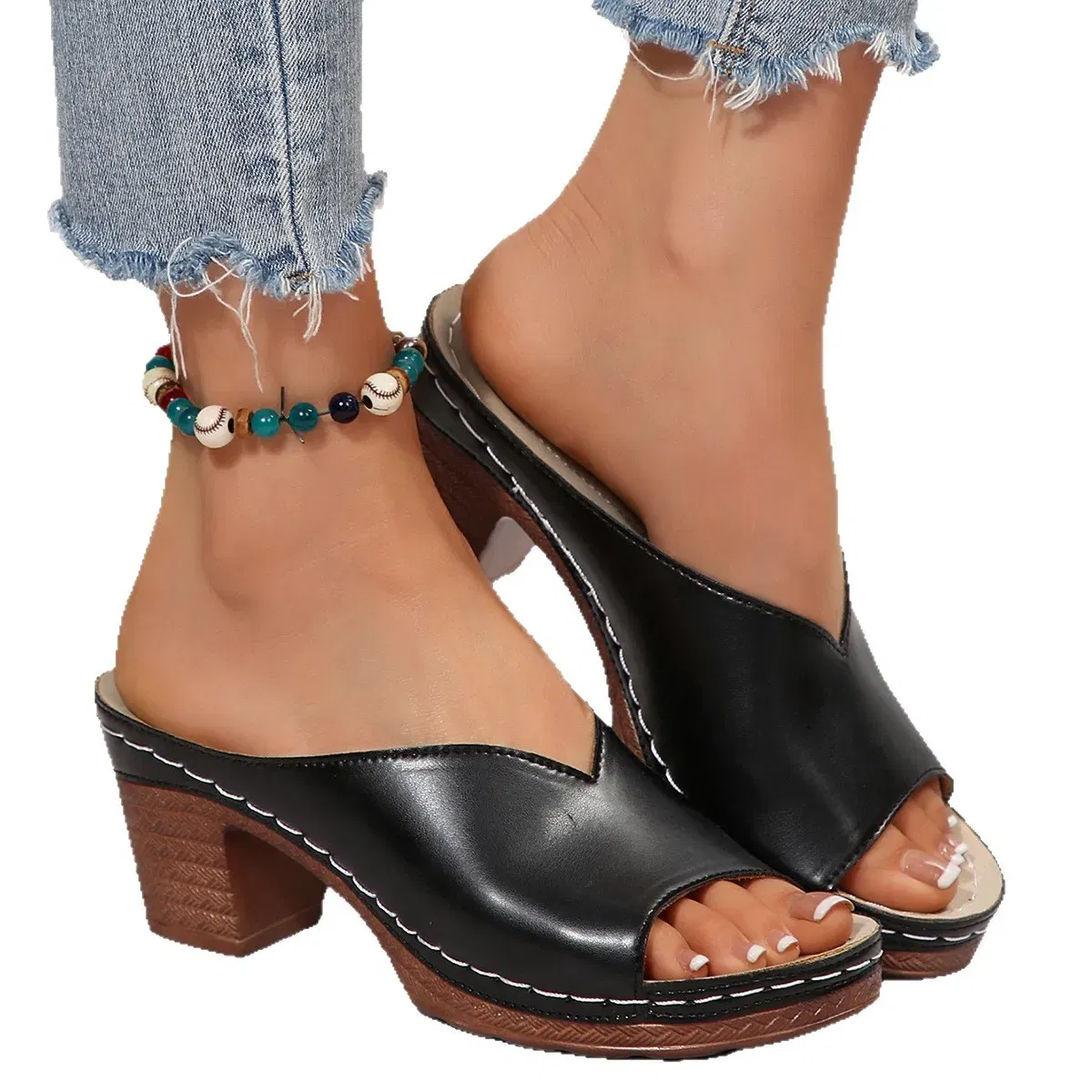 Color: black, Shoe Size: 39 - Women's Open-Toe High-Heel Slippers Summer New Fashion Outdoor Wear Slip-On Shoes 36-43 Sizes Polyurethane Upper Cushioning