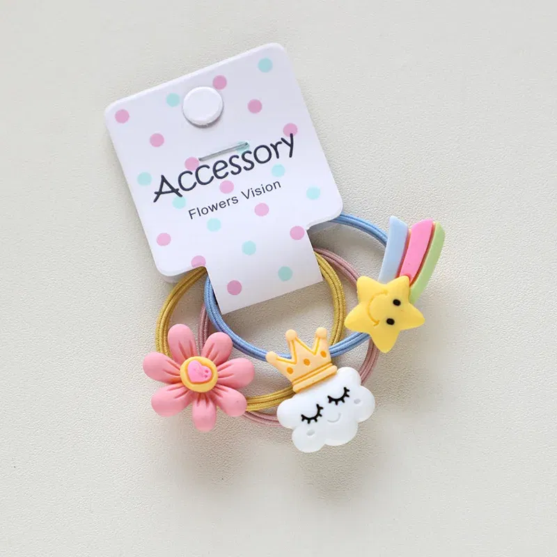 Color: Pink - 3PCS New Cute Cartoon Rainbows Princess Headwear Kids Elastic Hair Bands Children Tie Girls Accessories Baby Headdress