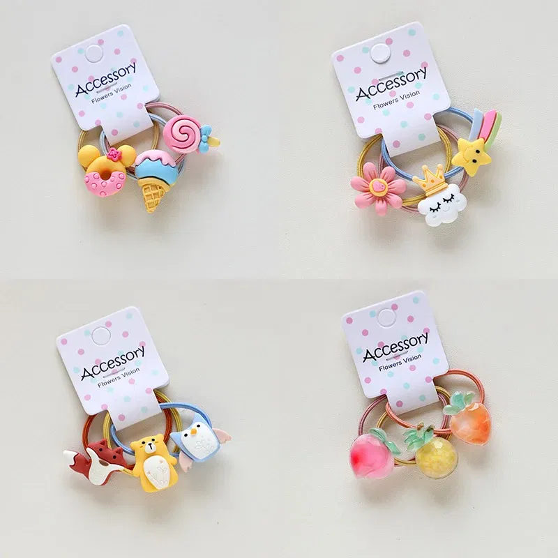 Color: Pink - 3PCS New Cute Cartoon Rainbows Princess Headwear Kids Elastic Hair Bands Children Tie Girls Accessories Baby Headdress