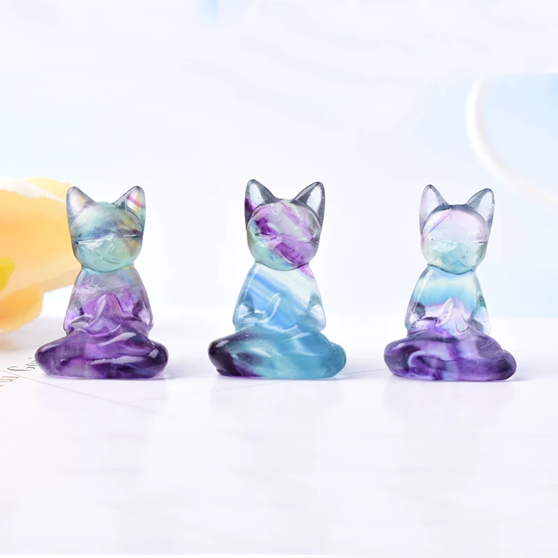 1PC Natural Fluorite Carving Cat Crystal Animals Figurine Reiki Healing Simple Ornaments For Home Tabletop Decoration Gift