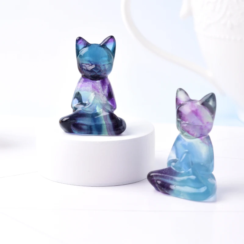 1PC Natural Fluorite Carving Cat Crystal Animals Figurine Reiki Healing Simple Ornaments For Home Tabletop Decoration Gift
