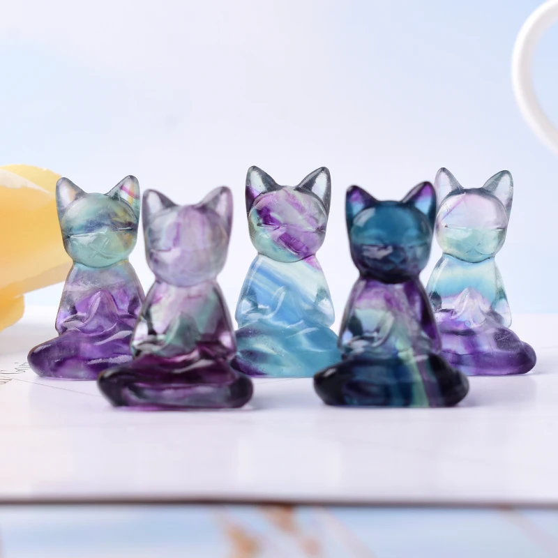1PC Natural Fluorite Carving Cat Crystal Animals Figurine Reiki Healing Simple Ornaments For Home Tabletop Decoration Gift