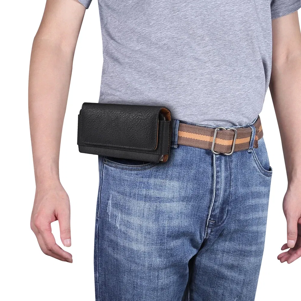 Color: Beige, Material: Cotton Fabric - Universal Leather Men Waist Bag For iPhone 15 14 13 12 Pro Max Samsung Galaxy S23 S22 Huawei Xiaomi Mobile Phone Belt Clip Cases