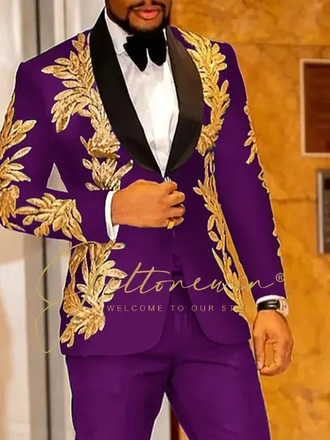 Color: PURPLE, Size: S - Luxury Groom Wedding Tuxedos Gold Sequins Appliques Black Men Suits Slim Fit Costume Homme Marriage Prom Suits