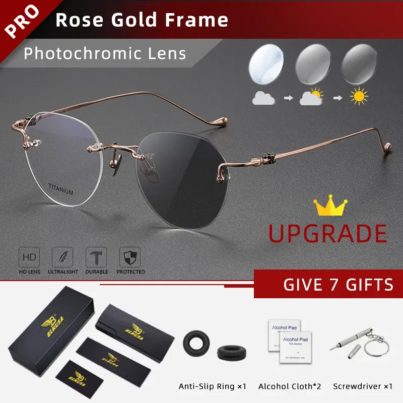 Frame Color: Red, Eye Prescription: +400 - BLMUSA Pure Titanium Rimless Anti-blue Light Reading Glasses for Men Round Photochromic Optical Prescription with MR-8 lens