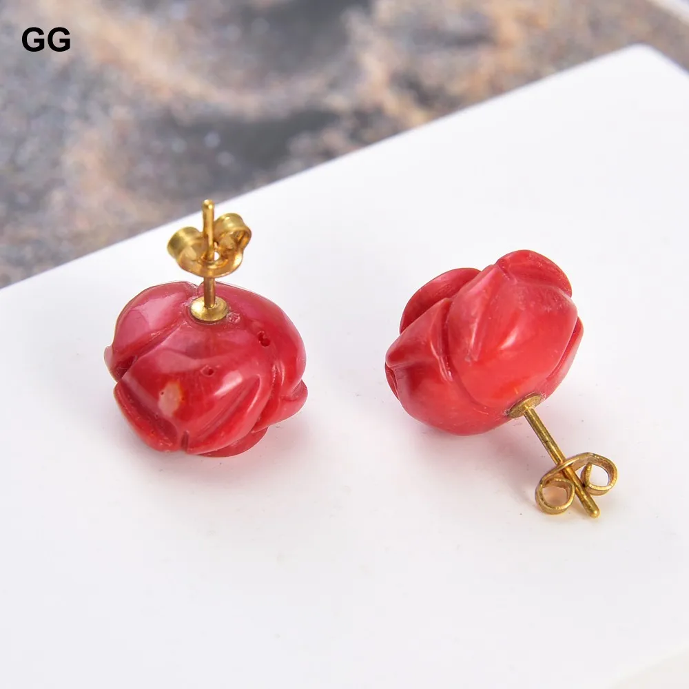 GG Classic Natural Carven Red Coral Flower 14K Gold Plated Stud Earrings Lady Gifts