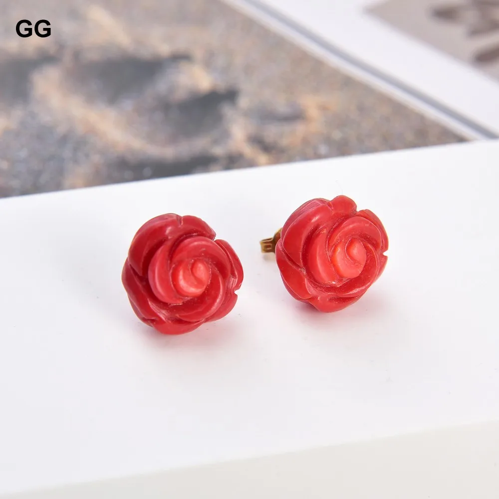 GG Classic Natural Carven Red Coral Flower 14K Gold Plated Stud Earrings Lady Gifts