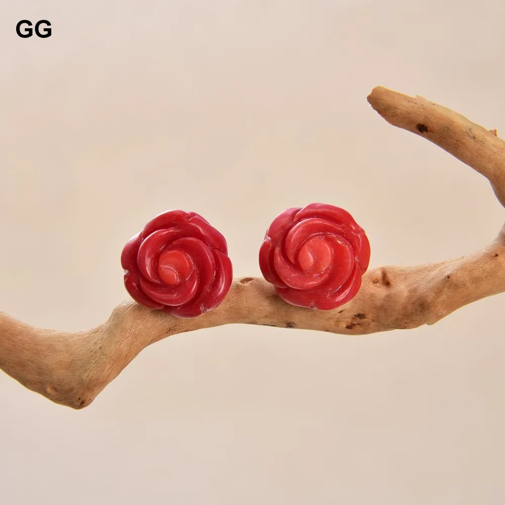 GG Classic Natural Carven Red Coral Flower 14K Gold Plated Stud Earrings Lady Gifts