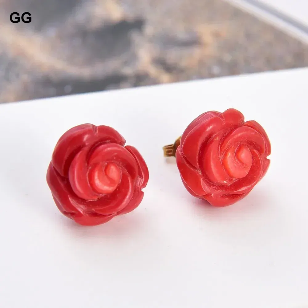 GG Classic Natural Carven Red Coral Flower 14K Gold Plated Stud Earrings Lady Gifts