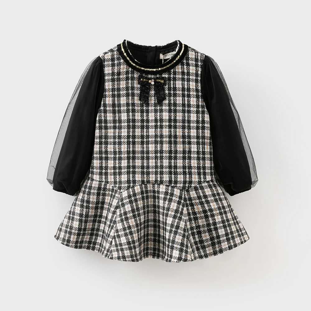 Dave Bella Plaid Girls Autumn Spring Ball Gown Dress Kids Long Sleeve Mesh Princess Dress Retro Birthday Party Dress DK3253057