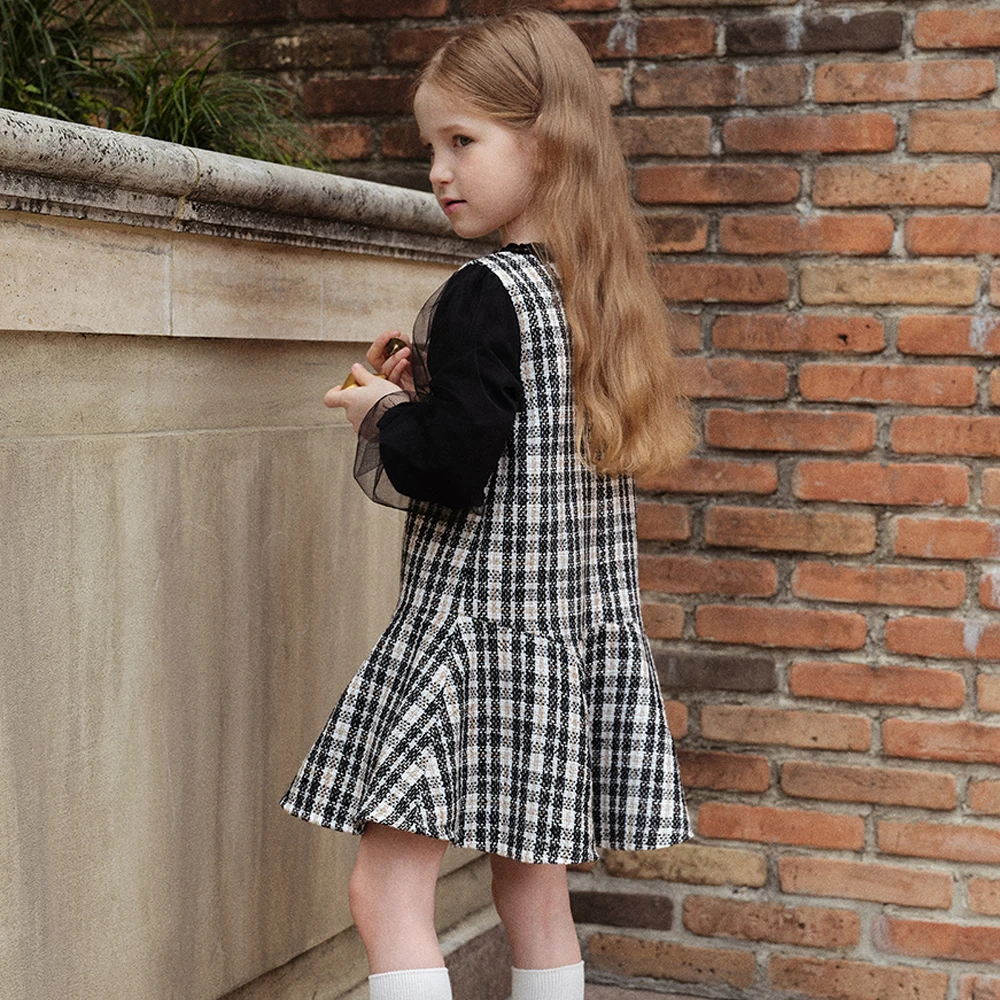 Dave Bella Plaid Girls Autumn Spring Ball Gown Dress Kids Long Sleeve Mesh Princess Dress Retro Birthday Party Dress DK3253057