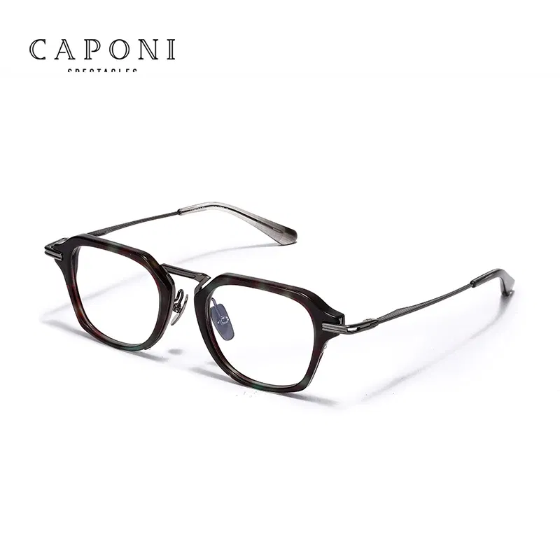 Frame Color: green - CAPONI Fashion Gentlemen's Glasses Frame Pure Titanium Acetate Retro Anti Blue Light Eyeglasses German Designer Spectacles JF413