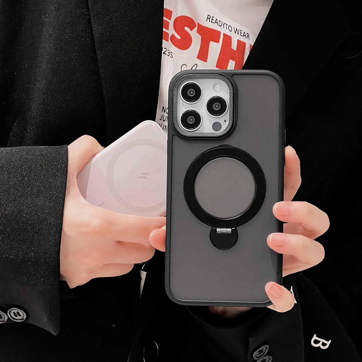 Color: black, Material: CANVAS - For iPhone 15 Pro Max 360?° Rotation Magnetic Holder Stand Matte Phone Case For iPhone 11 12 13 14 15 Plus Heat Dissipation Cover