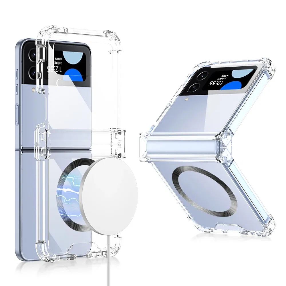 Color: black, Material: CANVAS - For Samsung Galaxy Z Flip 5 4 3 Magsafe Magnetic Wireless Charging Case Colorful Transparent Folding Hinge Shockproof Hard Cover