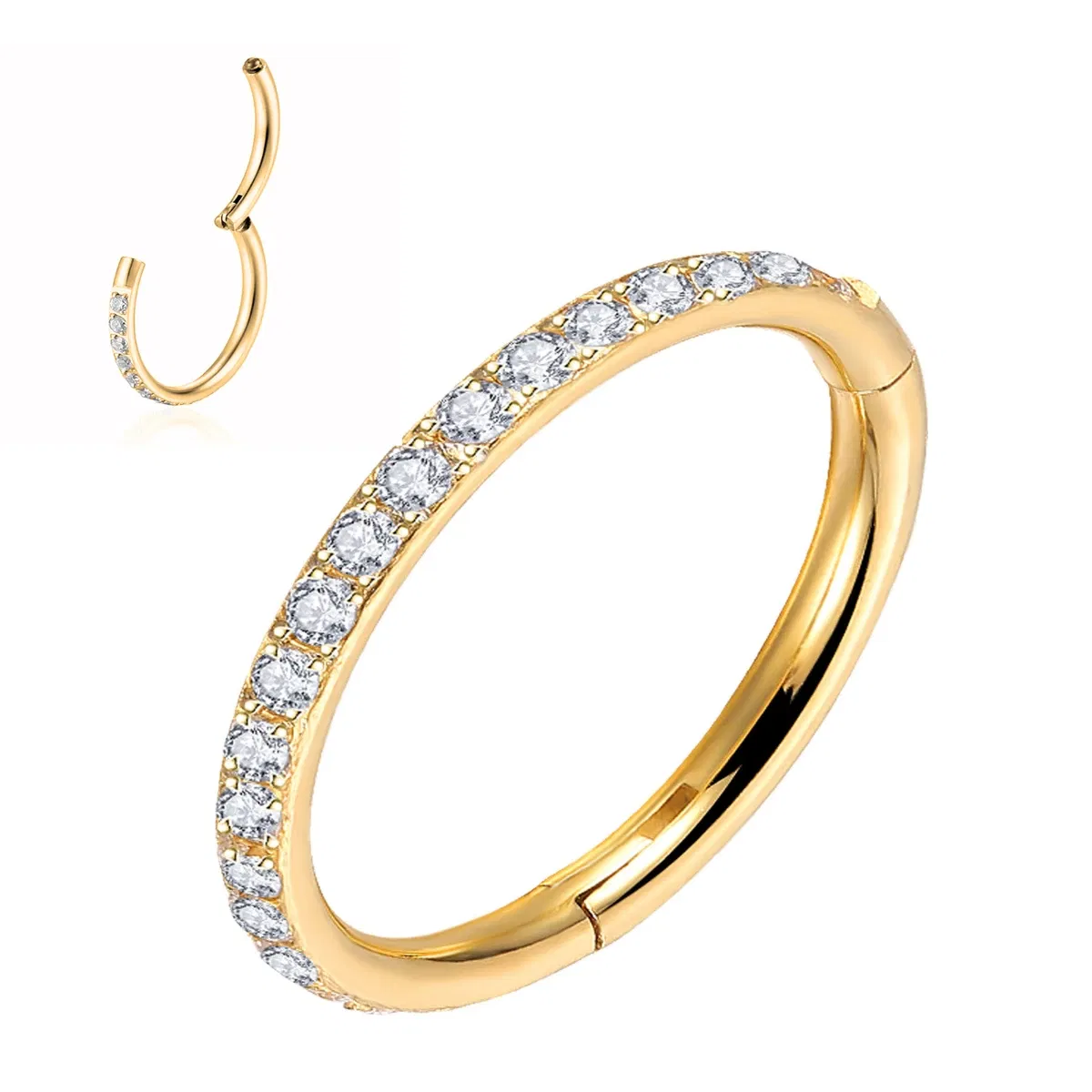 Metal color: Gold-color, Main Stone Color: WHITE - G23 Titanium Piercing Hinged Segment Hoops CZ Stone Nose Rings Ear Cartilage Tragus Helix Earrings Piercing Body Jewelry