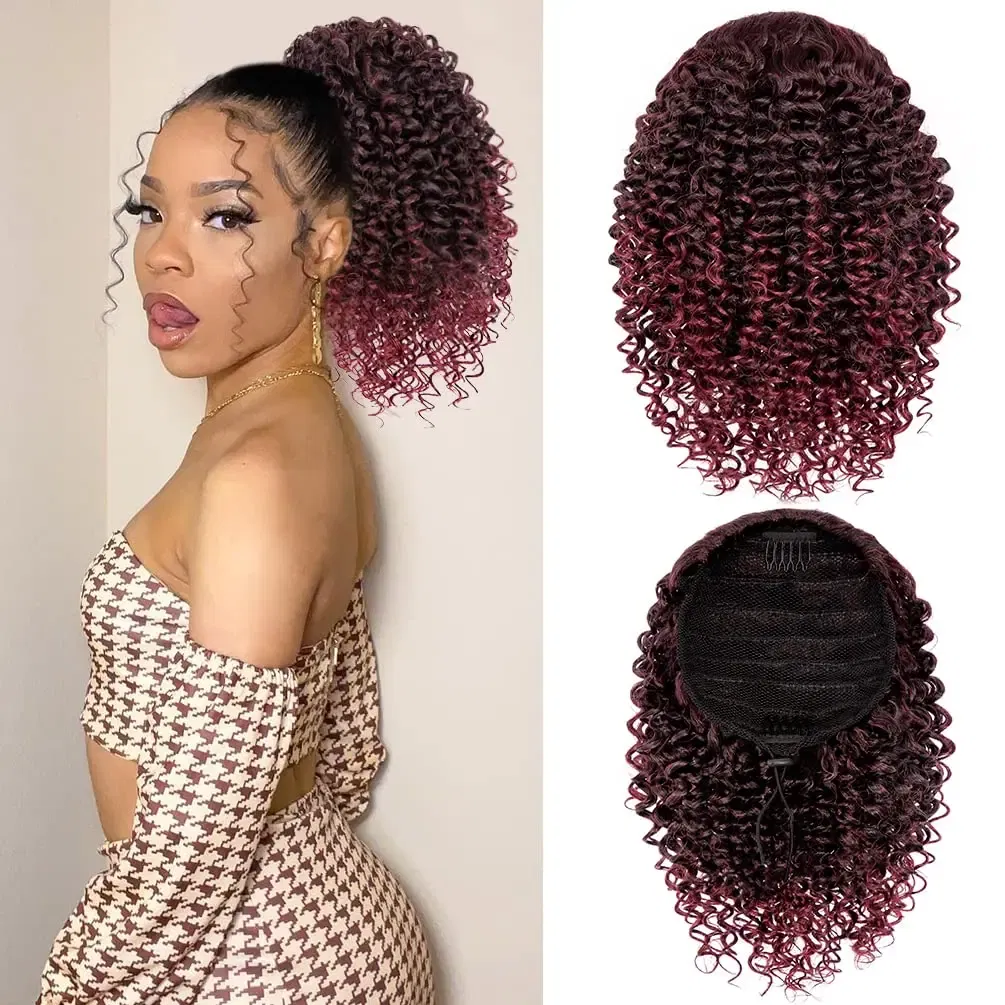 Color: T1B/Burgundy, Stretched Length: 20inches - Synthetic Short Afro Kinky Curly Ponytail Hair Piece for African American Ponytail Extension Afro Kinky Curly Ponytail for Women