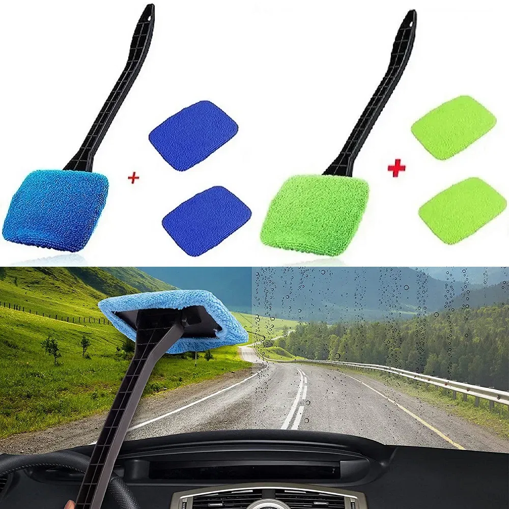 Color: Blue - Car Windshield Cleaning Brush Kit Car Window Wiper Home Glass Defogging Dust Towel With Long Handle Cleaner Brush Washing Tool
