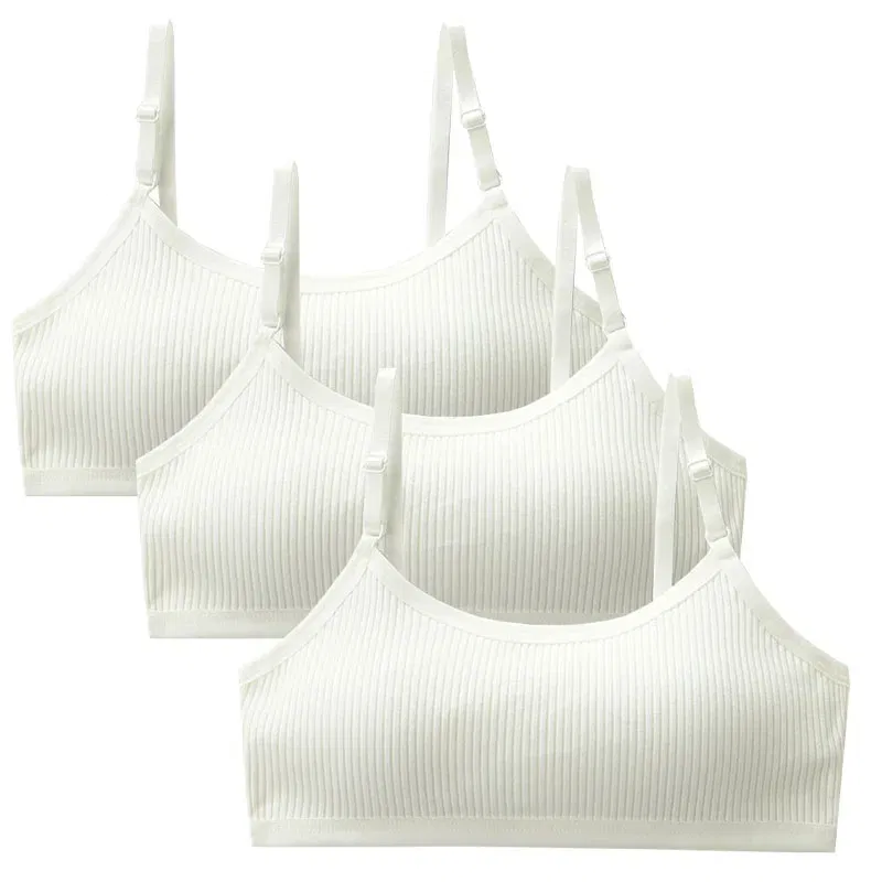 Color: Beige, Kid Size: 2T - 3pcs Cotton Children Innerwear Girls Bras Removable Sponge Cup Puberty Students Training Bras Breathable Teenage Girl Brassieres
