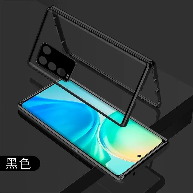 Color: black, Material: ABS - 360 Full Case For Vivo V29 5G V27 Pro V27E V25 V23 Double Sided Magnetic Adsorption Metal Capa Tempering Glass Clear Phone Cover