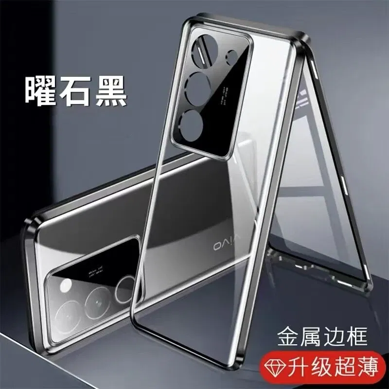 Color: black, Material: ABS - 360 Full Case For Vivo V29 5G V27 Pro V27E V25 V23 Double Sided Magnetic Adsorption Metal Capa Tempering Glass Clear Phone Cover