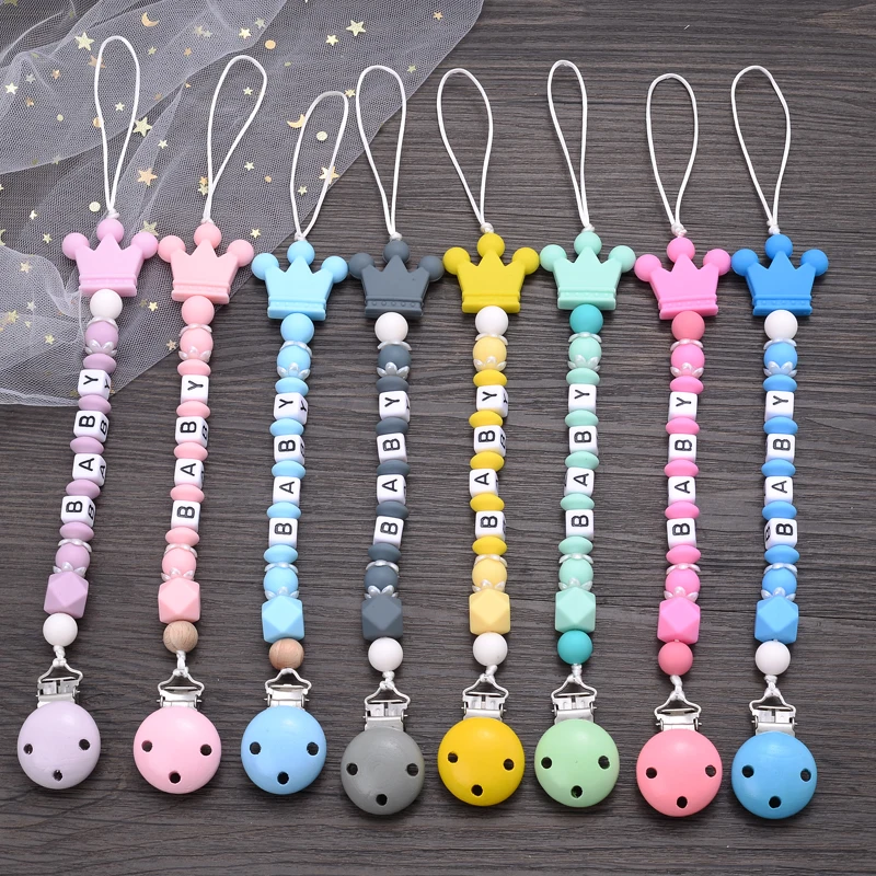 Color: Light Blue - New Baby Crown Pacifier Clips Silicone Pacifier Chains Handmade Toddler Teething Chain Nipple Clip Chew Toys Not Customized