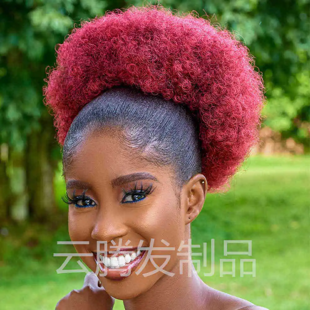 Color: T1B/Burgundy, Bulk Buy: 1pc, Stretched Length: 10inches - Synthetic 10Inch Big Afro Puff Drawstring Ponytail Extensions for Black Women 4b 4c Kinky Curly Hair Bun Ponytail Wigs Daily Use
