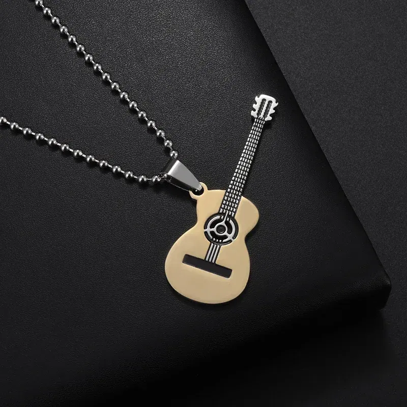 Metal Color: Light Yellow Color - Retro Punk Music Guitar Necklace for Men Personalized Gothic Pendant Fashion Hip Hop Rock Singer Jewelry Gift