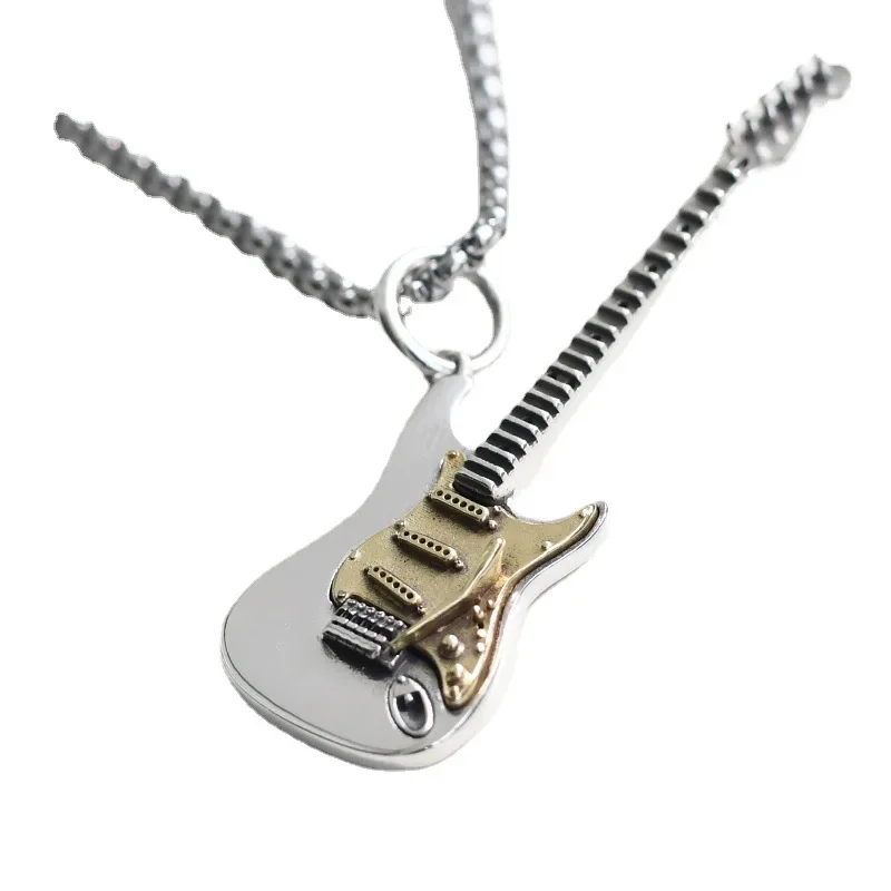 Metal Color: Light Yellow Color - Retro Punk Music Guitar Necklace for Men Personalized Gothic Pendant Fashion Hip Hop Rock Singer Jewelry Gift